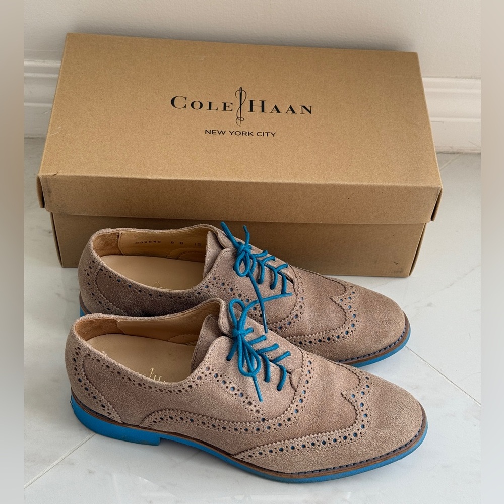 Cole Haan Women’s Tan Wingtip Oxfords with Blue Accents